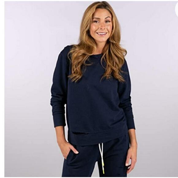 Sam Edelman Navy Distressed Ripped Boatneck Long Sleeve Sweatshirt Medium - Picture 8 of 8